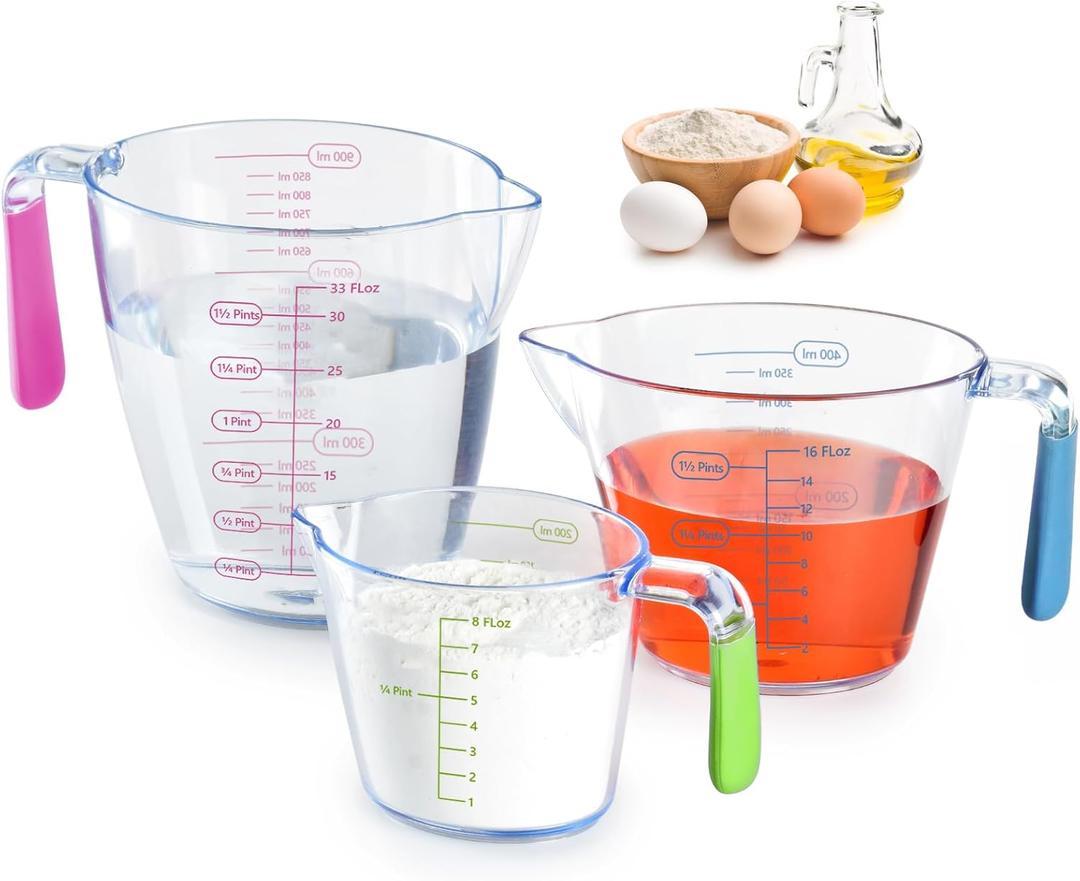 Measuring Cups Set, 3-Piece Clear Plastic Liquid Measuring Cups with OZ & ML Multiple Measurement Scale for Kitchen Cooking Baking, Essential Kitchen Tools