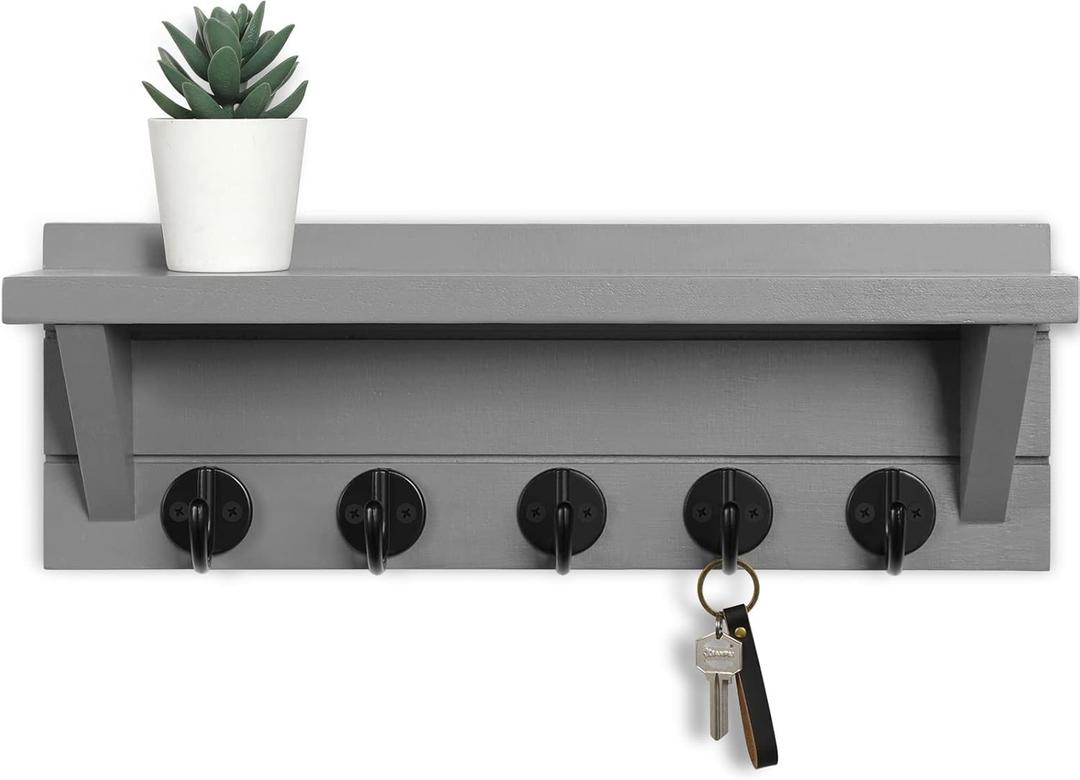 Lwenki Wall Key Holder with Shelf, Rustic Shelf with Hooks Made of Paulownia Wood Holds Keys, Dog Leash, Bags and More - 13.7" W x 4.7" H x 3.5" D Decorative Key Hanger and Entryway Shelf (Gray)