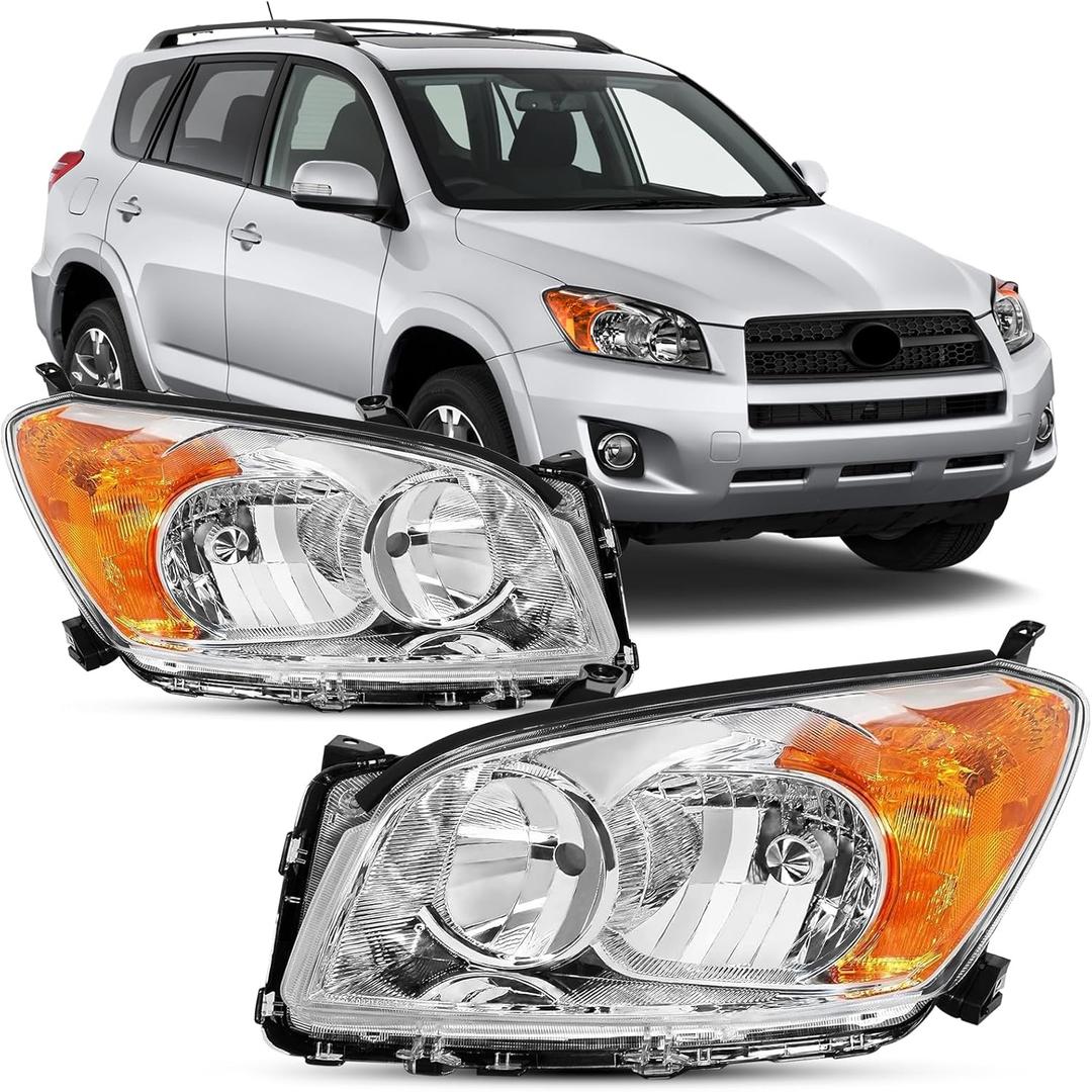 Headlight Assembly Compatible With 2009-2012 Toyota RAV4 Chrome W/Amber Headlamps Replacement Pair Set Driver & Passenger Side