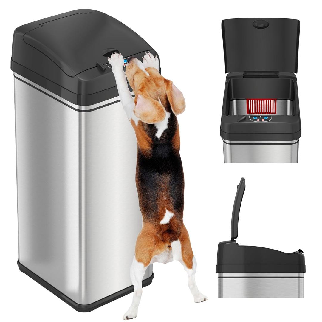 iTouchless 13 Gallon Sensor Trash Can 2.0  Touchless Lid, Dog-Proof Lock, Odor Filter, Stainless Steel, Battery or Plug-in, for Kitchen, Home, or Office