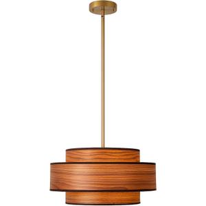 Hushwing 19.7" Modern Wooden Veneer Drum Chandelier, 3-Layer Pendant Light with Natural Wood Appearance, Adjustable Height Ceiling Light for Dining Room, Kitchen Island, Bedroom, Living Room (Walnut)