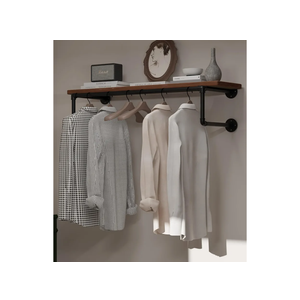 Clothes Rack 36in, Wall Mounted Garment Racks with Brown Real Wood Shelf, Heavy Duty Hanging Clothes Rack, Multi-Purpose Hanging Rod, Space-Saving Closet Storage