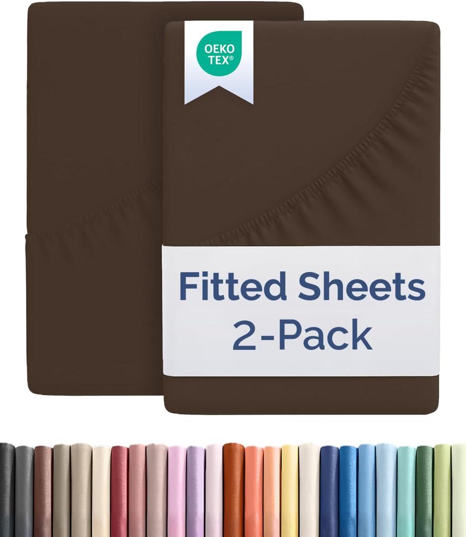 Twin XL Size Fitted Bed Sheet - Pack of 2 Single Fitted Bottom Sheet Only - Fits Mattress Up To 16" Deep Pockets - Extra Soft, Breathable & Cooling - Hotel Quality, Fade, Shrink & Wrinkle Free - Brown