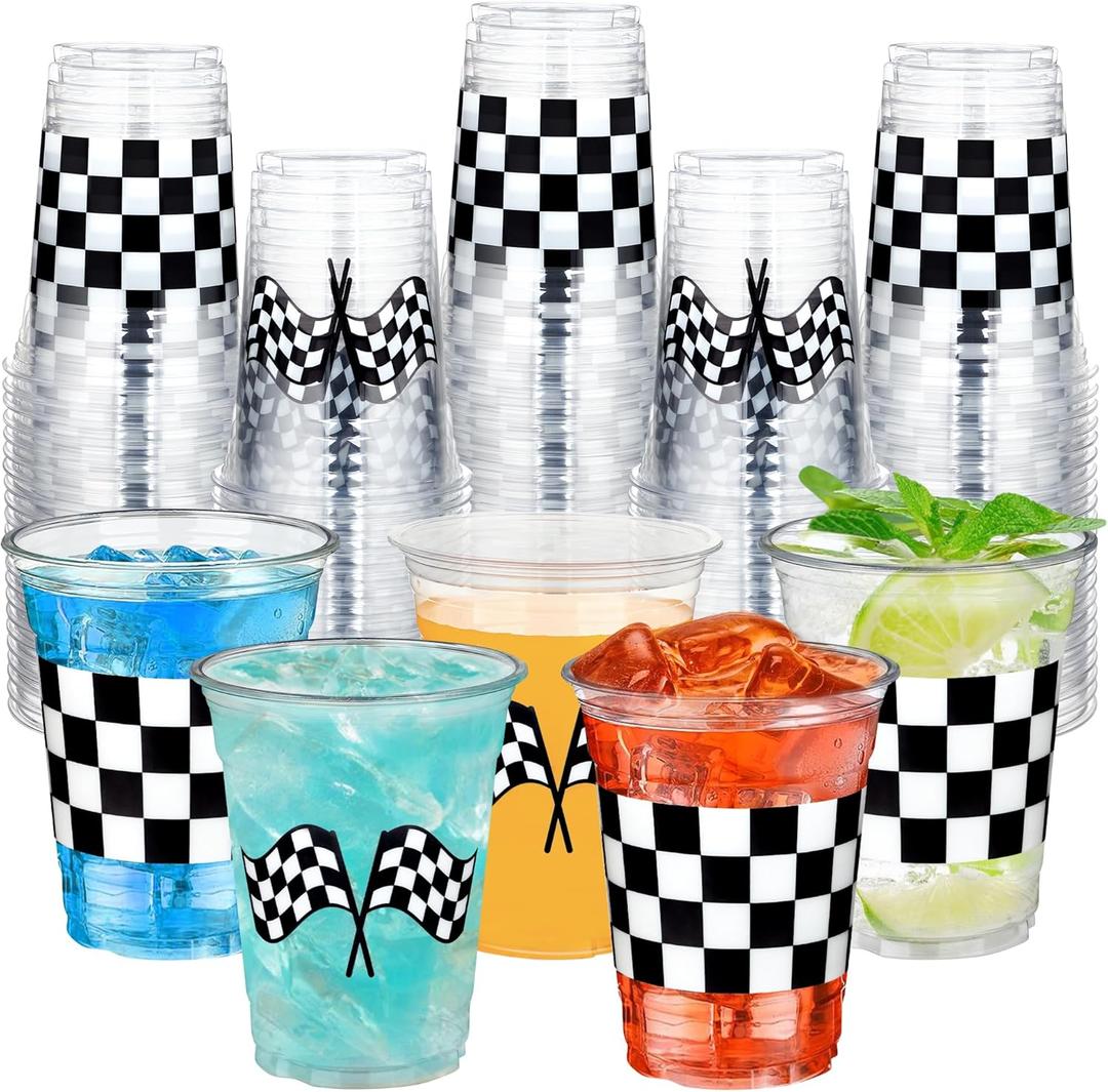 peony man 50 Pcs Checkered Racing Party Plastic Cups 16 oz White Black Checkered Flag Clear Cup Disposable Race Car Drinking Cups for Race Car Sports Themed Birthday Party Favors Supplies