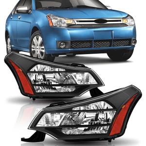 Headlights Assembly Compatible with 2008 2009 2010 2011 Ford Focus S SE SES SEL Halogen Headlamp Replacement Black Housing Amber, Driver and Passenger Side