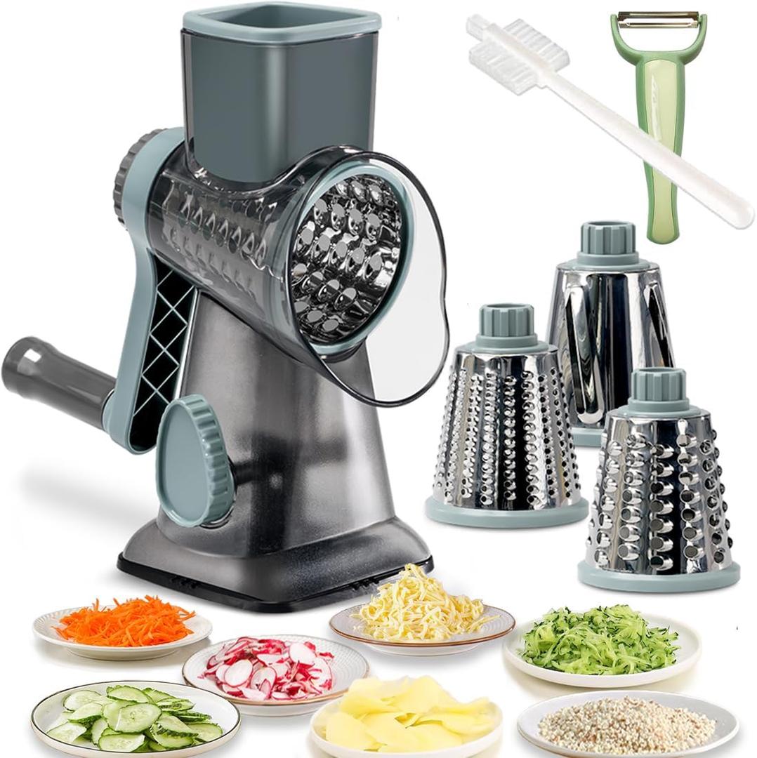 Rotary Cheese Grater Shredder with Handle Handheld Round Mandoline Vegetable Slicer Carrot Shredder Nut Grinder with 3 Replaceable Stainless Steel Drum Blades and Upgrade Strong Suction, Grey/Cyan