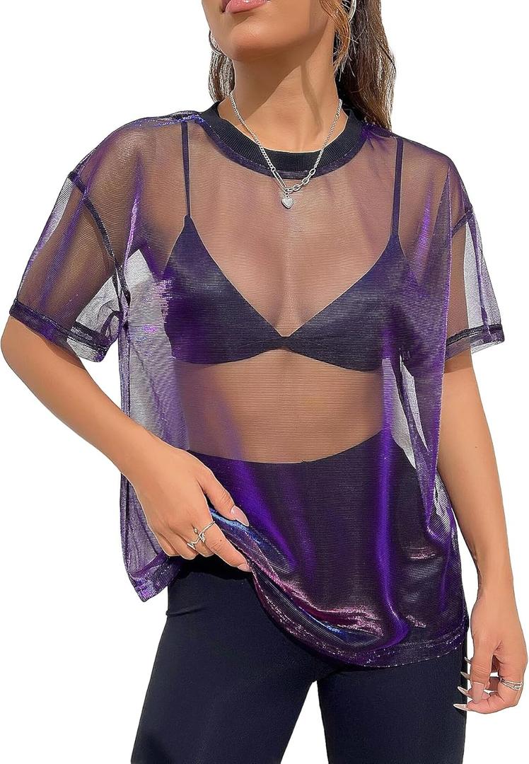 OYOANGLE Women's See Through Top Metallic Mesh Sheer Short Sleeve Rave T-Shirt (Large, Black Purple)