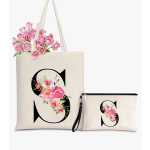Initial Canvas Tote Bag for Women, Personalized Monogrammed Tote Bags with Makeup Gift Bag for Wedding Bridesmaids Birthday