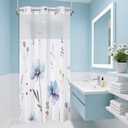 TERSUM No Hook Shower Curtain with Snap in Liner Set, Modern RV Blue Floral Small Stall Shower Curtains for Bathroom Hotel Decor 36 x 74in