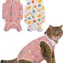 ANWA 2 Pack Cat Recovery Suit - Breathable Cat Onesie for Cats After Surgery Female, Kitten Surgery Recovery Suit Female Abdominal Wounds (Large, Alpaca + Candy)