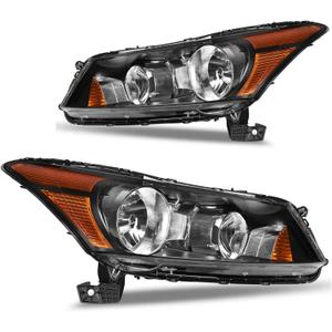 Headlights for 08-12 Honda Accord Headlight Assembly for 2008 2009 2010 2011 2012 Honda Accord 4-Door Sedan Headlamp Replacement Driver and Passenger Side, Black Housing Amber Corner