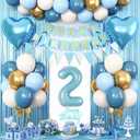 2nd Birthday Decorations Blue White Gold, 25pcs Balloons, Banner, Fringe Curtain, Heart Foil Balloons, Cake Topper, Boys Girls 2 Year Old Birthday Decor