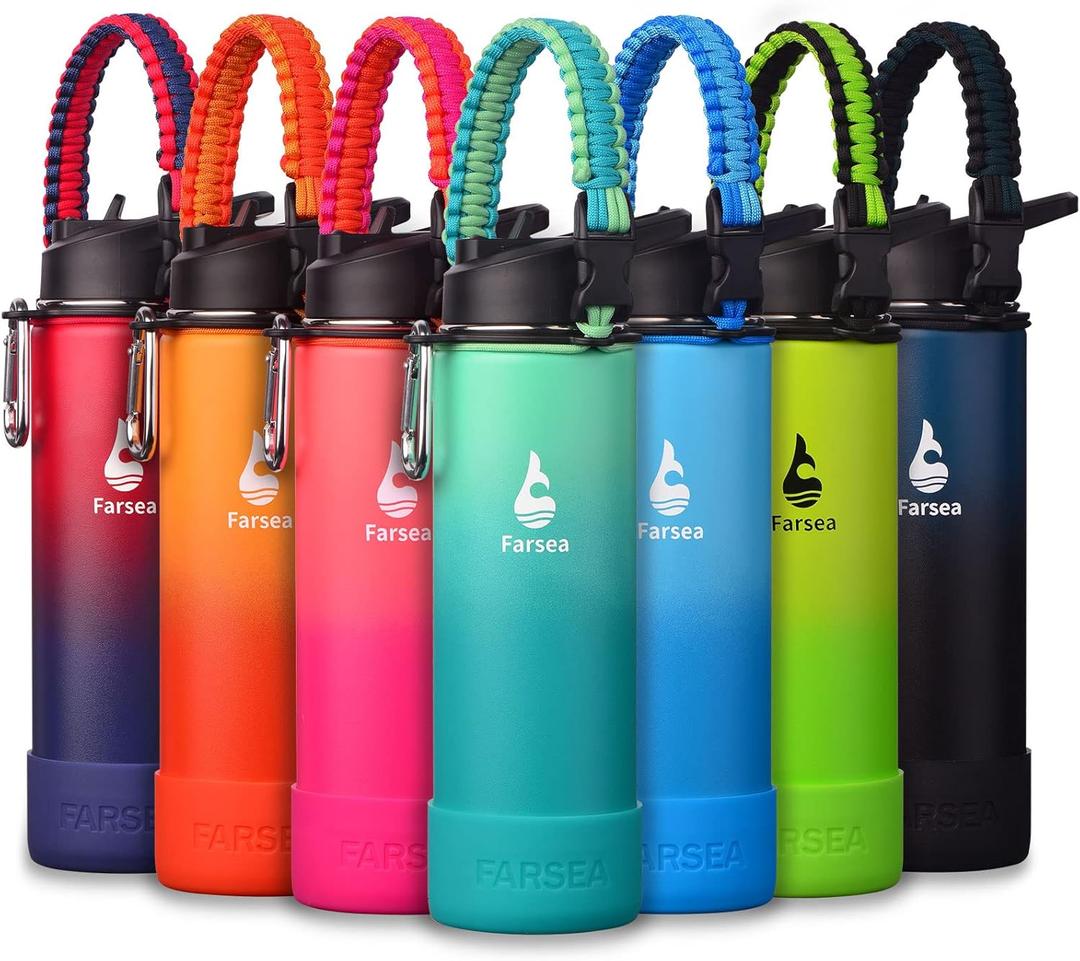 Farsea Insulated Water Bottle With Paracord Handle, Protective Silicone Boot and 2 Lids (Straw Lid & Spout Lid), Stainless Steel Water Bottle Wide Mouth, Double Wall Sweat-Proof BPA-Free, 24 oz (Mint/Green)