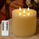 3 Wick Extra Large Flameless Candles, 6"x6" Flat Battery Operated Candles with Remote, Real Wax Led Candles with 3D Flickering, Fake Candle Flame for Home Decor (Ivory)