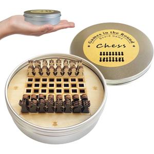 Mini Wooden Chess Set with Metal Case, 3.7" Portable Travel Chess Set for Kids & Adults, Mini Board Games for Chess Lovers (Small Round)
