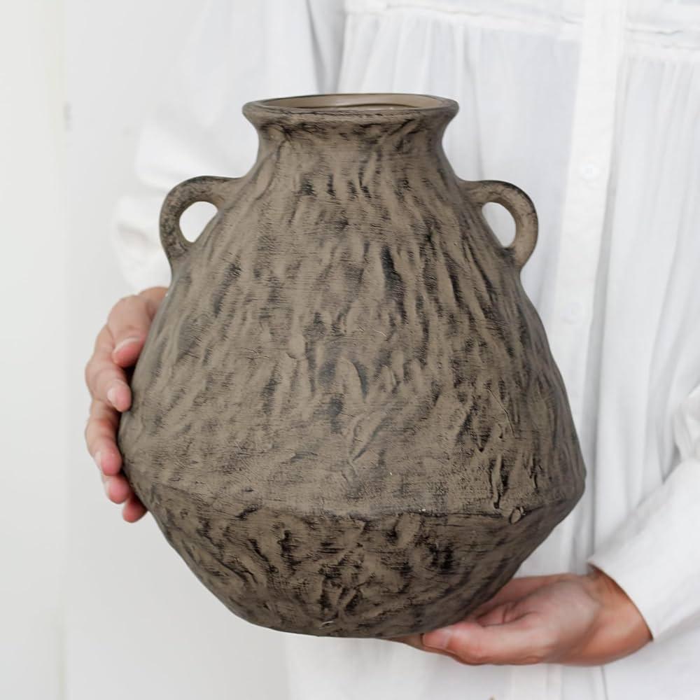 Black Terracotta Rustic Ceramic Farmhouse Vase,9.5" Round Flower Vase,Vintage Antique Stone Clay Handmade Distressed Decorative,Home Living Room Kitchen Table Shelf Decor
