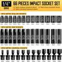 BOEN 1/4" Drive Metric Impact Socket Set, 66-Piece (4-14mm) Deep & Shallow Kit, Includes 5-15mm Swivel Sockets, 72T Ratchet Handle, 2", 4", 6" Extension Bar, Adapters, Universal Joint & Impact Bit