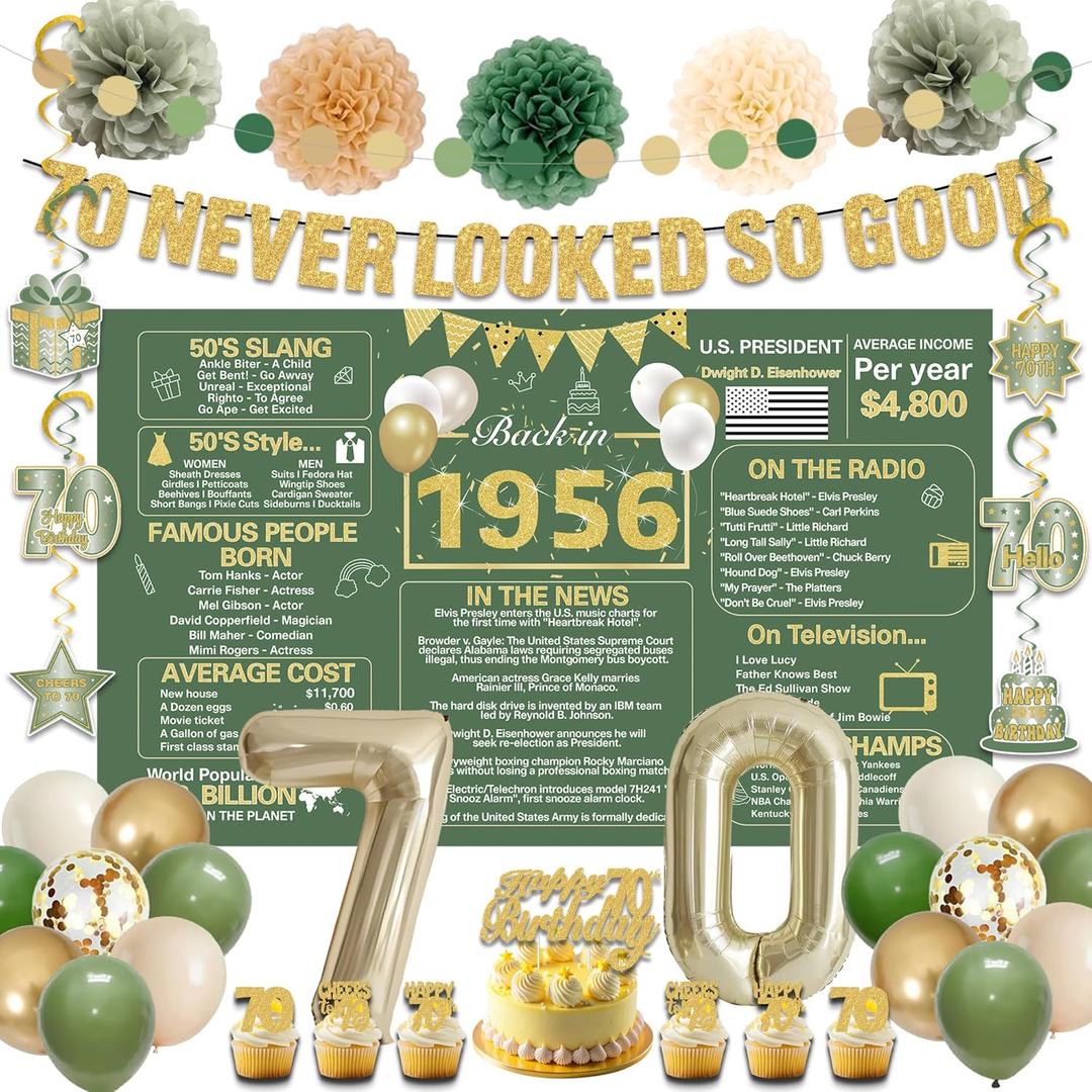 Crenics Green and Gold 70th Birthday Decorations for Men Women - Back in 1956 Backdrop, Banner, Paper Pom Poms, Hanging Swirls, Cake Topper and Balloons for 70 Birthday Party Supplies