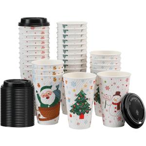 100 Count Christmas Paper Cups, Xmas 16 oz Disposable Coffee Cups Snowflake Santa Snowman Elk Christmas(16oz 100Count)