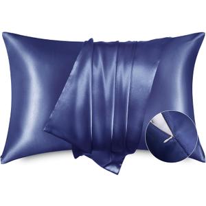 Bedsure Satin Pillowcase with Zipper, Similar to Silk Pillow Cases 2 Pack, Satin Pillow Cases Queen Size Set of 2, Silky & Soft Navy Pillow Covers for Hair and Skin, Gifts for Women Men, 20x30 Inches