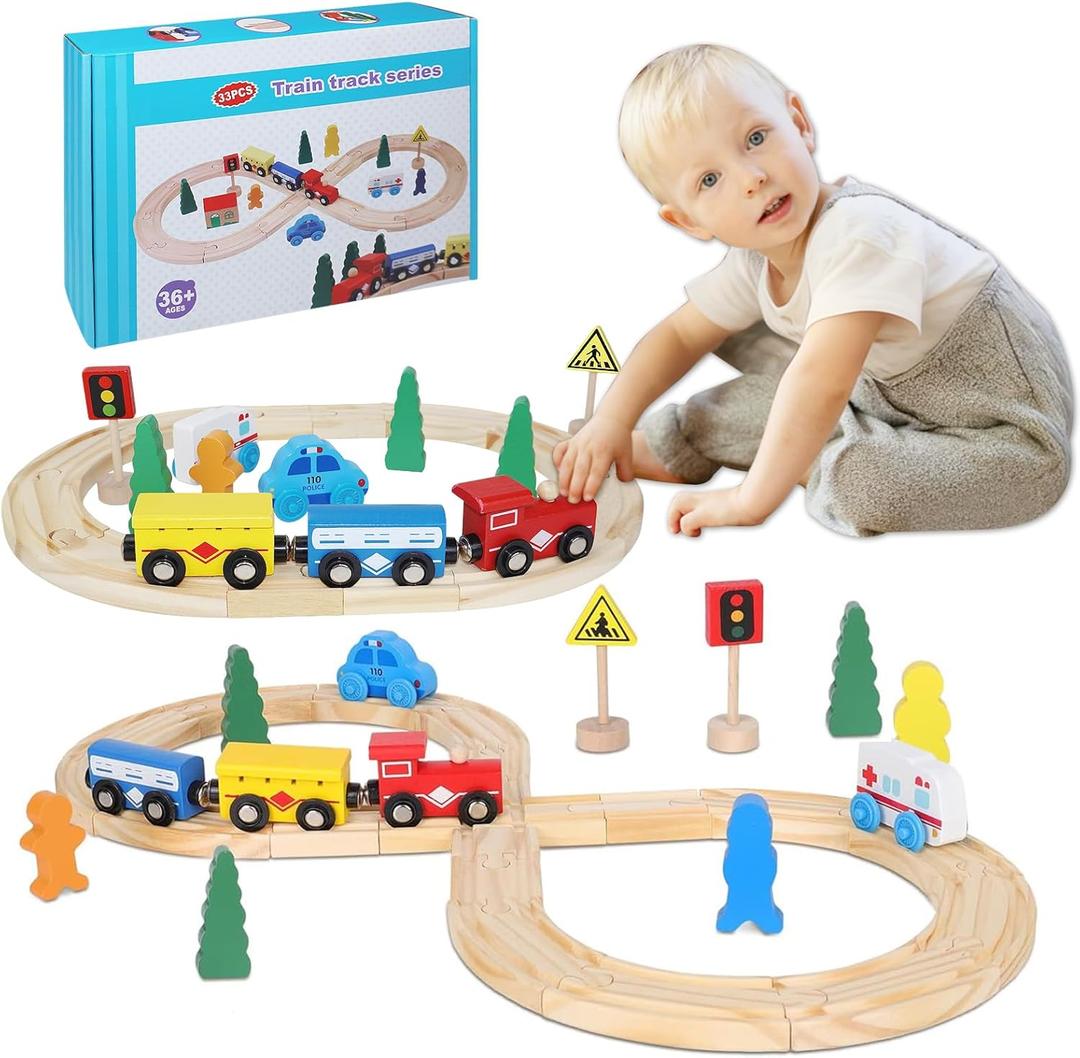 33Pcs Magnetic Wooden Train Set - Expandable Tracks Fit Thomas Brio - Educational Toy Fosters Imagination, Creativity, Logical Thinking, Ideal Birthday for Toddlers Kids Ages 3-6