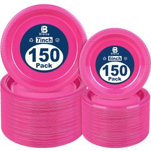 Pack of 300 Hot Pink Disposable Plastic Plates 7 Inch & 6 Inch Round Dessert Plates Set Food Grade BPA Free Dinner Plates Heavy Duty Wedding Cake Bulk for Party Event Wedding Birthdays Supplies