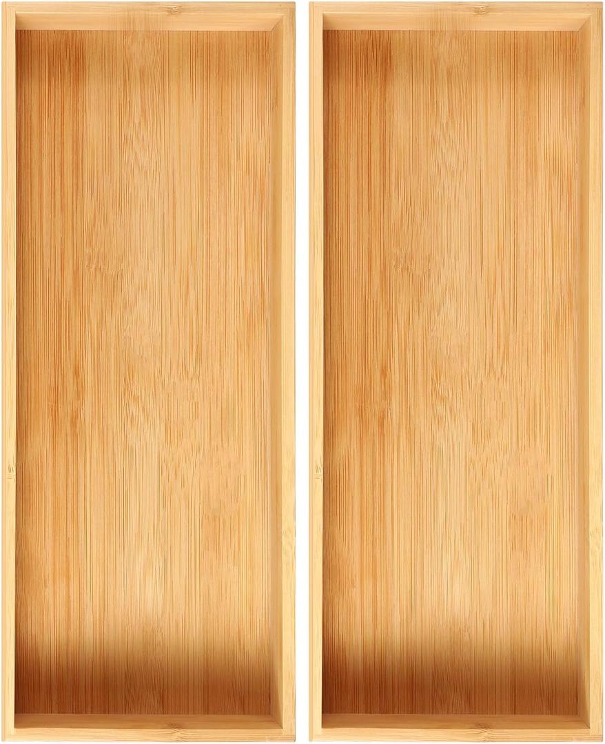 Fabsome Kitchen Utensil Drawer Organizer, Bamboo Silverware Cutlery Flatware Organizer Bins, Wooden Container Storage Trays for Bathroom Vanity Junk Drawer, 15" x 6" Set of 2