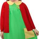 Women Girls Costume Green Dress Red Knit Cardigan Shorts Glasses Full Set Halloween Cosplay Outfit (140)