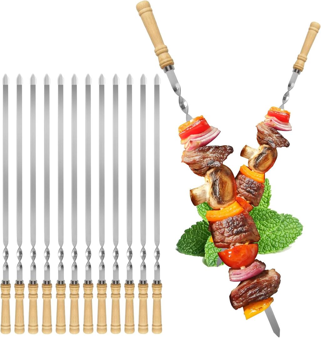 Kabob Skewers,23.6 inch Flat Skewers for Grilling with Wooden Handle,Reusable Stainless Steel Metal BBQ Barbecue Skewer,Shish kebab Stick Set for Meat Shrimp Chicken Vegetable-12PCS.