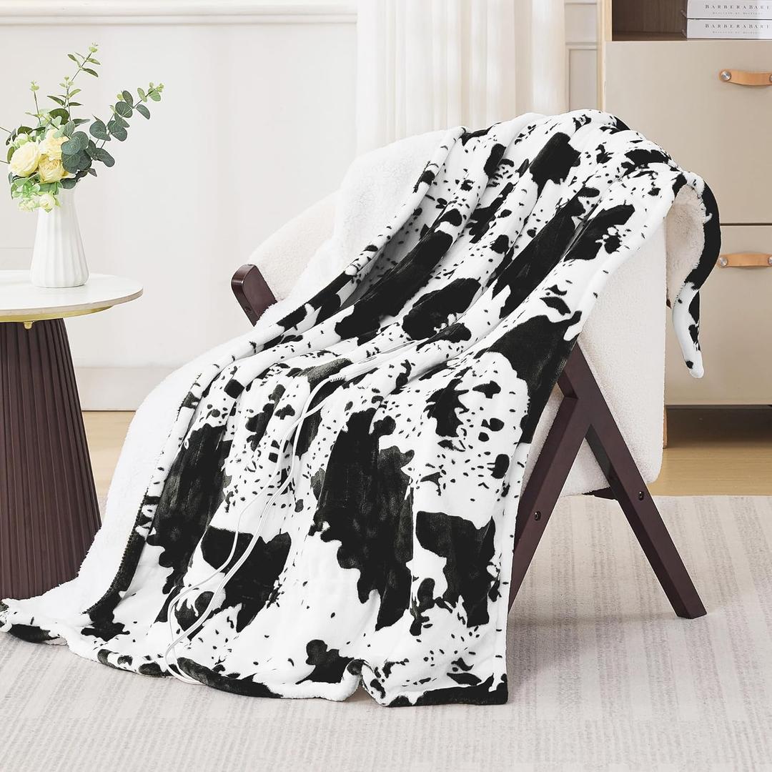 Electric Blanket Twin Size - Reversible Sherpa & Flannel, 62" 84" Heated Throw Blanket with 6 Heat Settings & 1-12H Timer, Machine Washable, Warm Gift for Women, Black Cow Print