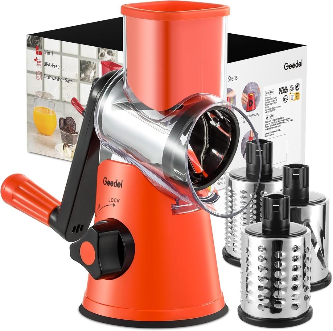 Geedel Rotary Cheese Grater, Kitchen Mandoline Vegetable Slicer with 3 Interchangeable Blades, Easy to Clean Rotary Grater Slicer for Fruit, Vegetables, Nuts (Orange)