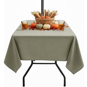 Outdoor Tablecloth with Umbrella Hole - Patio Table Cloth Zippered Square 60x60 Inch, Khaki Linen-Look Polyester Table Cover Water Resistant for Picnic Outside
