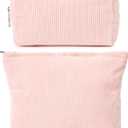 SOIDRAM 2 Pieces Makeup Bag Large Corduroy Cosmetic Bag Capacity Canvas Mix Travel Toiletry Bag Organizer Cute Makeup Brushes Aesthetic Accessories Storage Bag for Women, Corduroy Mix Pink