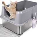 Stainless Steel Cat Litter Box with Lid – XL High-Sided Metal Litter Pan for Big Cats & Maine Coons – Enclosed, Anti-Urine Leak, Non-Stick, Odor & Rust Resistant, Easy Clean with Scoop & Mat, Gray