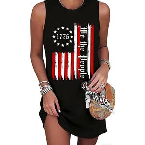 Women's USA Patriotic Halter Neck T Shirt Dress, Sleeveless 4th of July Casual Summer Sundress for Independence Day (Black, L)