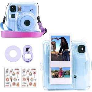 CAIYOULE Clear Case for Fujifilm Instax Mini SE Camera Protective Case with Back Photo Storage Pocket, Selfie Mirror, Stickers and Adjustable Shoulder Strap