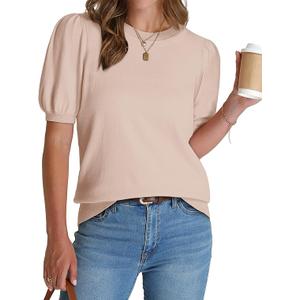 Wiholl Women's Short Sleeve Sweaters Wool Blend Knit Summer Tops Soft Lightweight Business Casual Outfits , Size L
