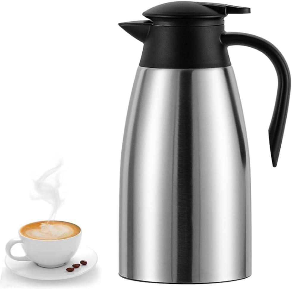 70 Oz Insulated Thermal Coffee Carafe Stainless Steel Double Walled Vacuum Coffee Thermos, Hot Water, Tea, Hot Beverage Dispenser, Keep 24 Hour Heat Retention/12 Hour Cold Retention (Silver, 2L)