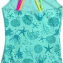 Jimmy Bahamas Girls 1 Piece Sport Swimsuits with Cross Back Strap Colorful Fish Scales Print and Two Cute Bow Decorations (Green)