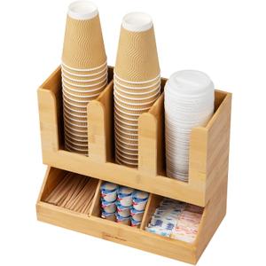 Mind Reader Cup and Condiment Station, Countertop Organizer, Coffee Bar, Kitchen, Bamboo, 13.625"L x 6.75"W x 11.5"H, Brown