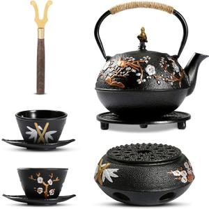 Dyna-Living Cast Iron Teapot with Warmer Japanese Tea Kettle 720ml/24.5oz Japanese Cast Iron Teapot Set with 2 Tea Cups Tea Pot with Infuser Tea Kettle for Wood Stove or Stovetop (Style 3)