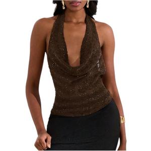 MakeMeChic Women's Going Out Tops Sexy Deep V Cowl Neck Blackless Sequin Halter Top (Mocha Brown)