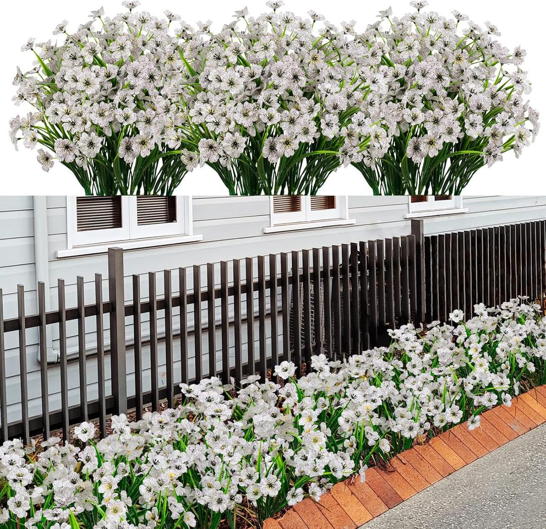 LikSoor 21 Bundles Artificial Outdoor UV Resistant Flowers No Fade Fake Outside Flowers Plastic Greenery Faux Shrubs Garden Porch Window Box Home Decoration (White)
