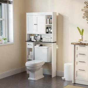 Over The Toilet Storage Cabinet with 7 Shelves, Imitation Walnut Grain Above Toilet Bathroom Organizer with Toilet Paper Holder Stand, Space Saver for Restroom, Laundry, Bathroom (White), 32" W X 9.8" D X 65" H