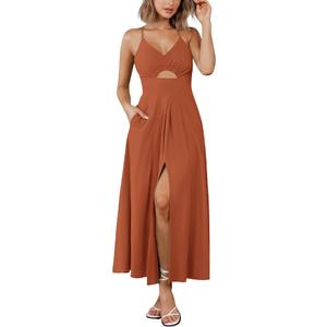  BTFBM Women 2026 Spaghetti Strap Midi Summer Dresses Sleeveless V Neck Cutout Slit Casual Beach Party Maxi Dress Pockets Size Small