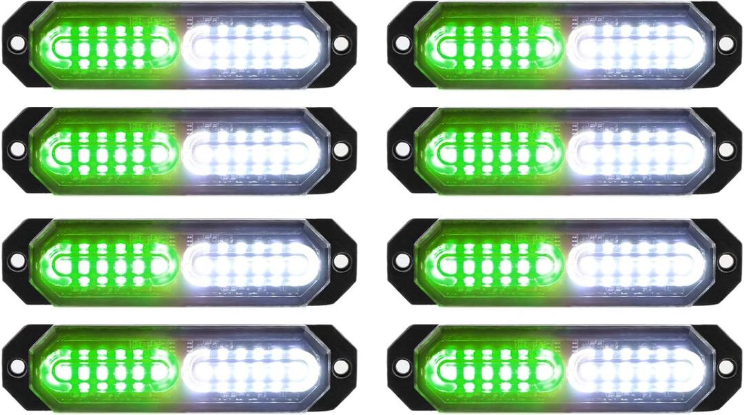 ASPL 8pcs Sync Feature Ultra Slim 12-LED Surface Mount Flashing Strobe Lights for Truck Car Vehicle LED Mini Grille Light Head Emergency Beacon Hazard Warning Lights (Green/White)