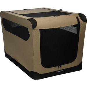 Amazon Basics Portable Folding Soft Dog Crate for Cat, Dog, Rabbit, Double Door with Mesh Ventilation, Collapsible, Easy to Set Up, Large 36" x 24" x 24", Tan