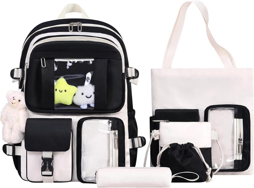 HORHREAR Kawaii Backpack 5Pcs Set for School, Cute Clear Backpack Preppy with Aesthetics Pendant for Girls Boys Primary Bag (Black)