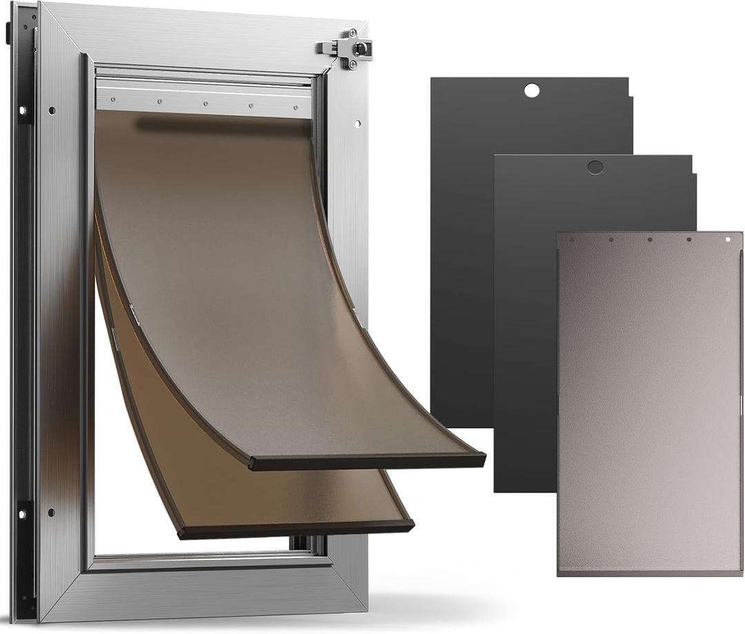 All Aluminum Dog Door with 2 Magnetic Flaps & 1 Replacement Flap, Heavy Duty Medium Doggy Door for Exterior Doors, Doggie Door wtih 2 Closing Panels, Dual Aluminum Locks, for Pets Up to 45 Lb