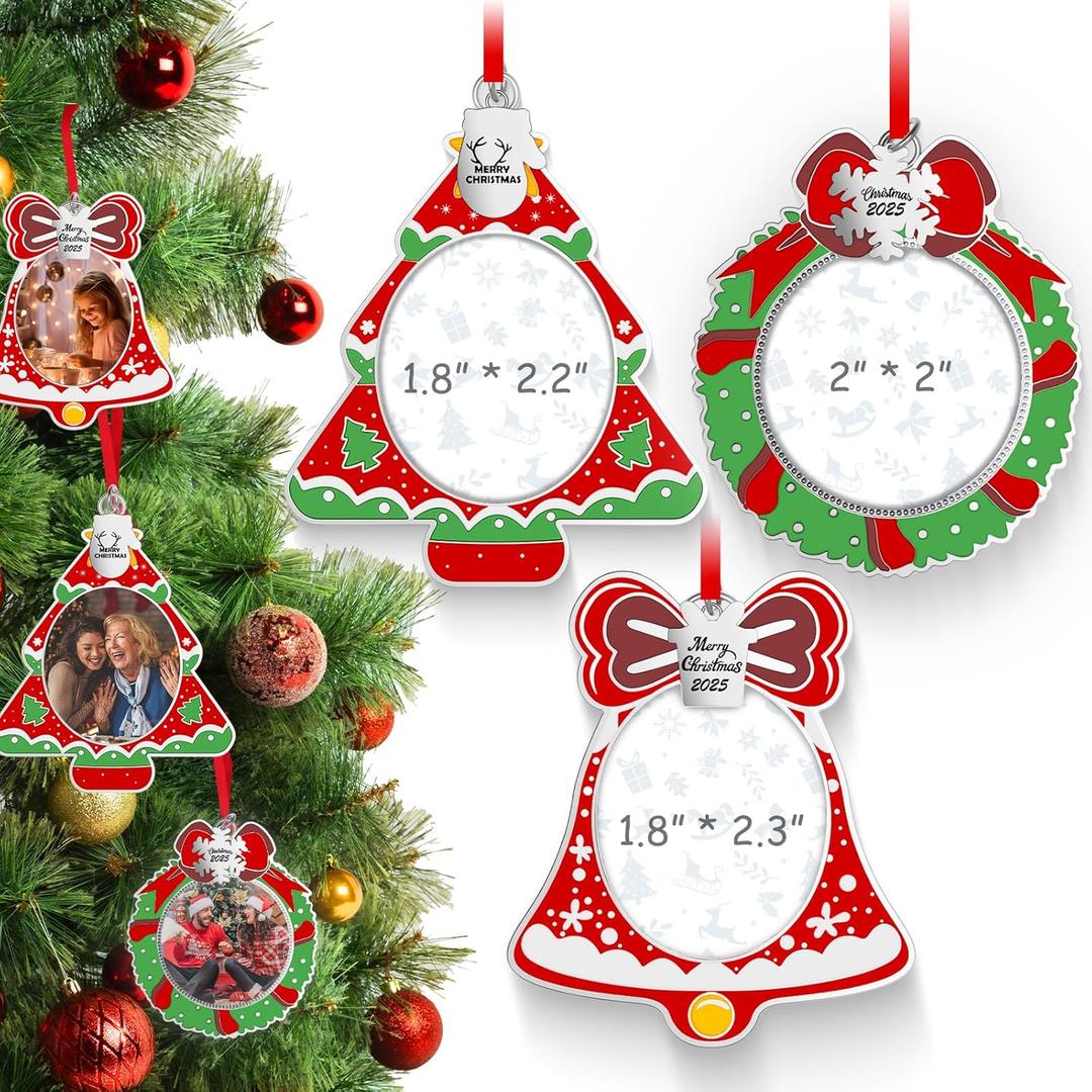 MGparty 3 Pack Christmas Picture Frame Ornaments Xmas Metal Hanging Photo Frame with Pendants 2025 Holiday Keepsake Gifts Christmas Tree Decorations (Green-b)